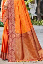 Sangam Prints Saffron Orange Soft Silk Woven Work Traditional Saree | Grocsy