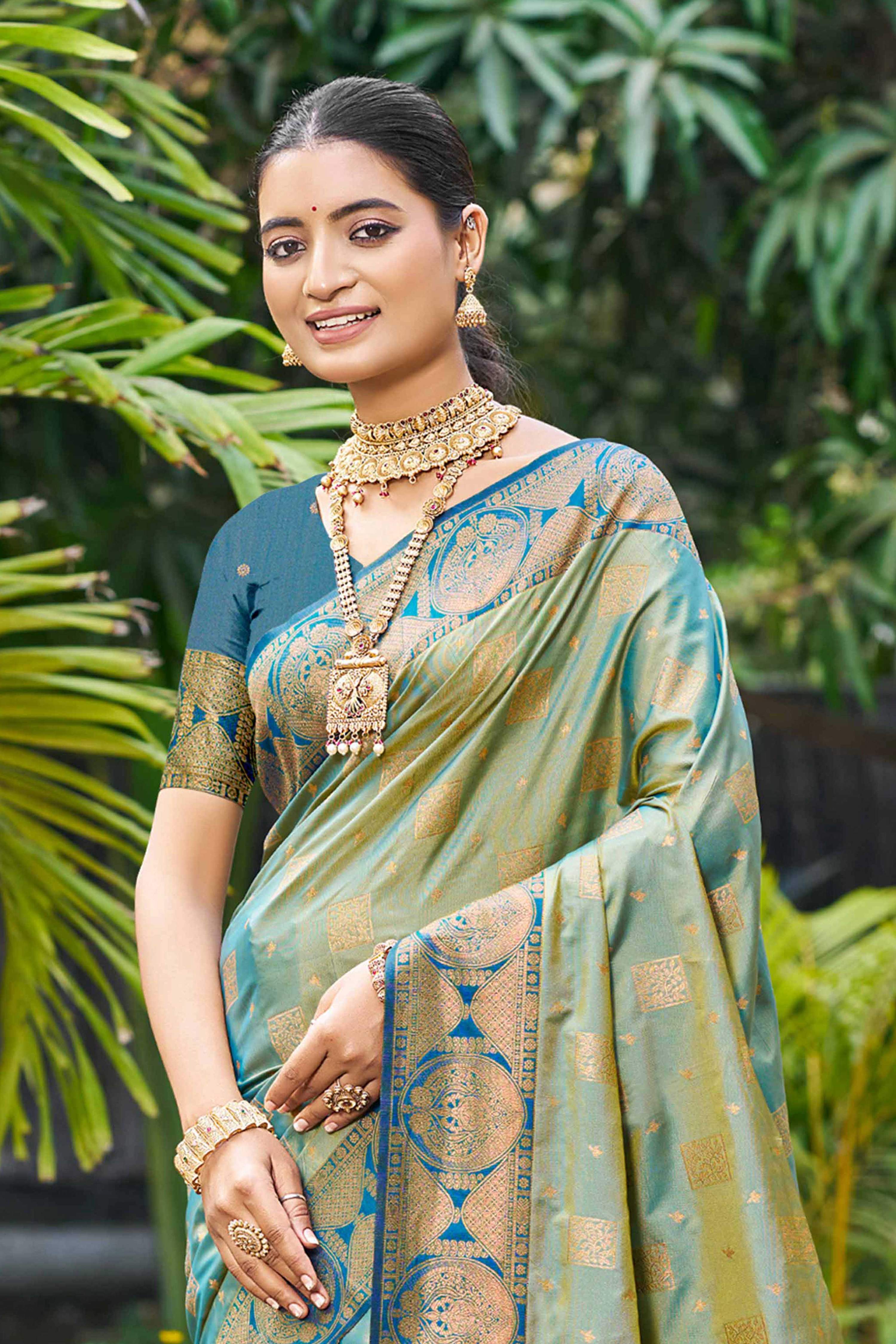 Sangam Prints Sage Green Soft Silk Woven Work Traditional Saree | Grocsy