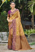 Sangam Prints Golden Mustard Soft Silk Woven Work Traditional Saree | Grocsy