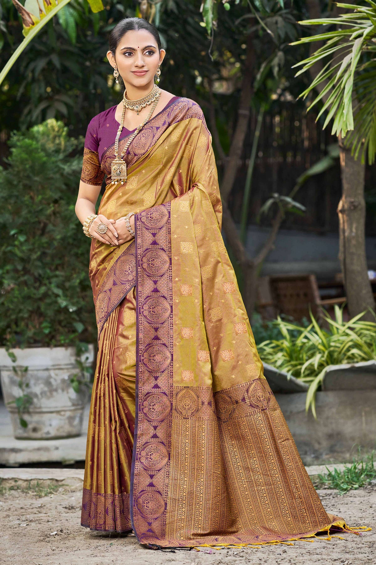Sangam Prints Golden Mustard Soft Silk Woven Work Traditional Saree | Grocsy