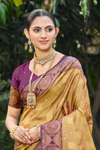 Sangam Prints Golden Mustard Soft Silk Woven Work Traditional Saree | Grocsy