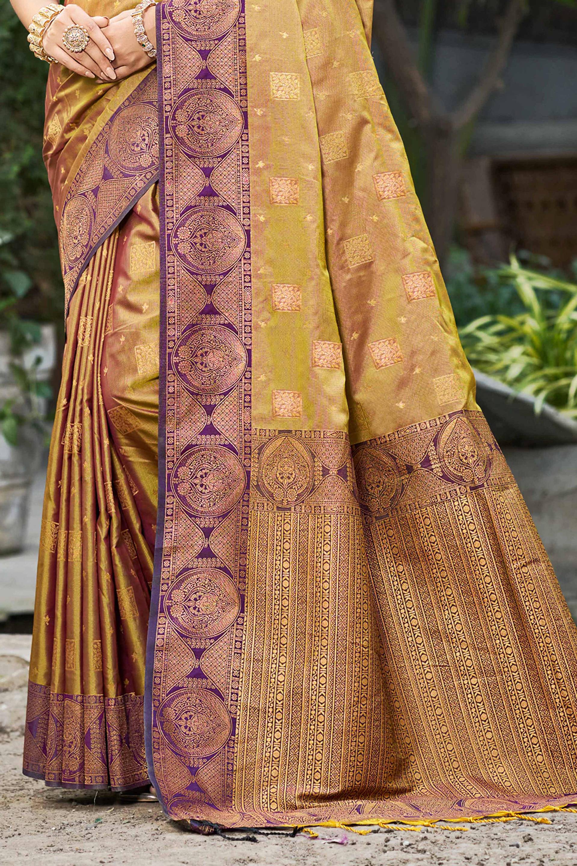 Sangam Prints Golden Mustard Soft Silk Woven Work Traditional Saree | Grocsy