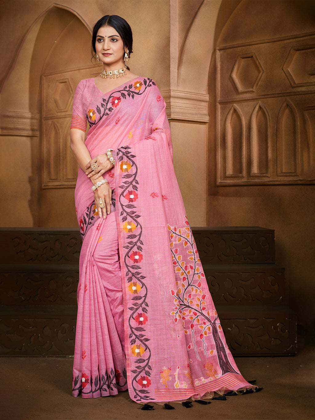Sangam Prints Light Pink Cotton Silk With Meena Woven Work Traditional Saree | Grocsy