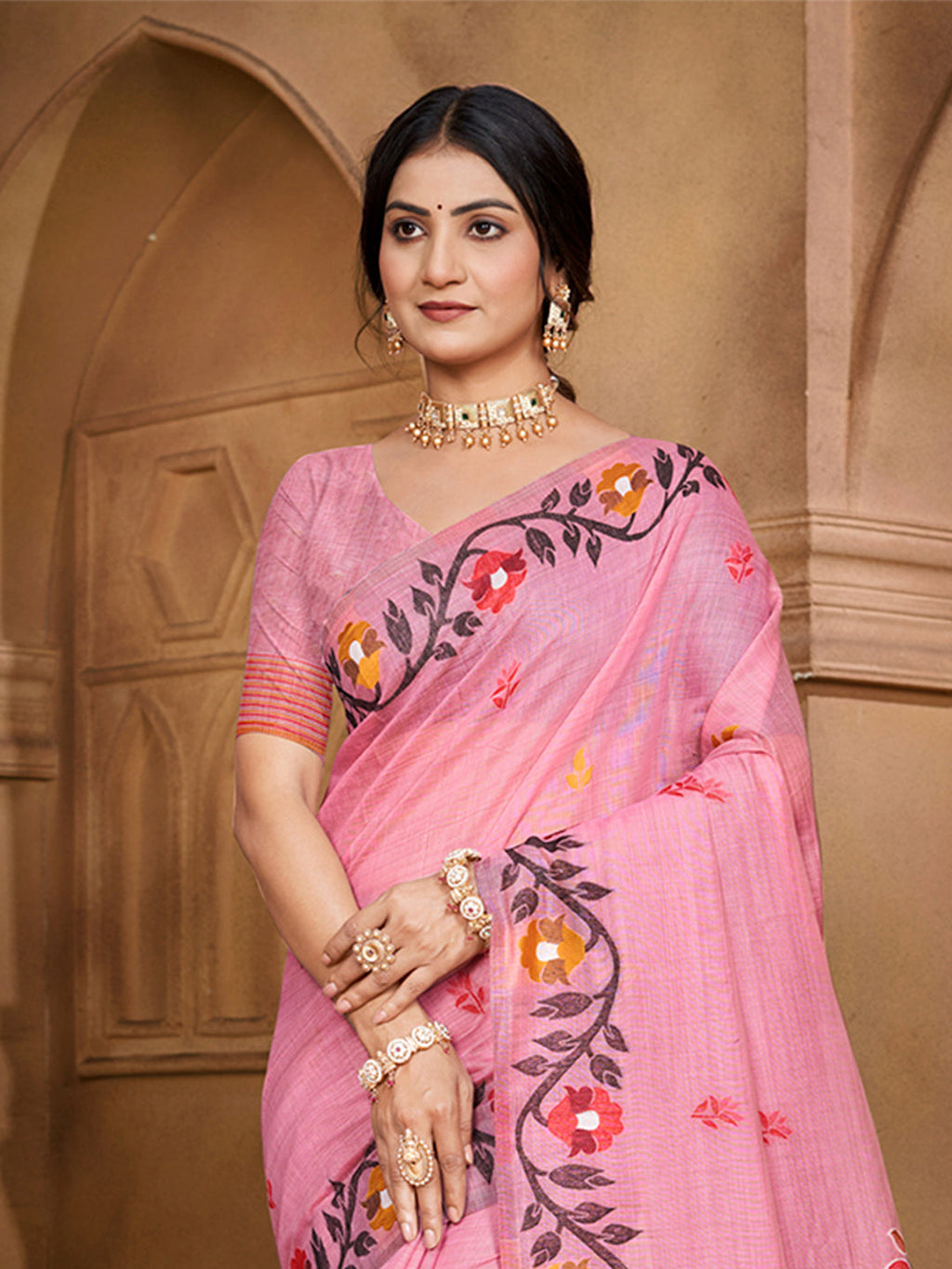 Sangam Prints Light Pink Cotton Silk With Meena Woven Work Traditional Saree | Grocsy