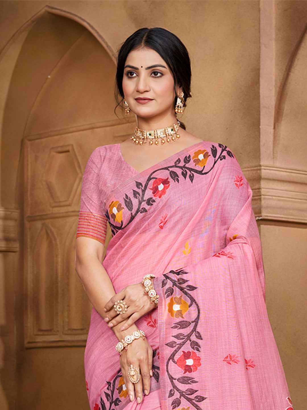 Sangam Prints Light Pink Cotton Silk With Meena Woven Work Traditional Saree | Grocsy