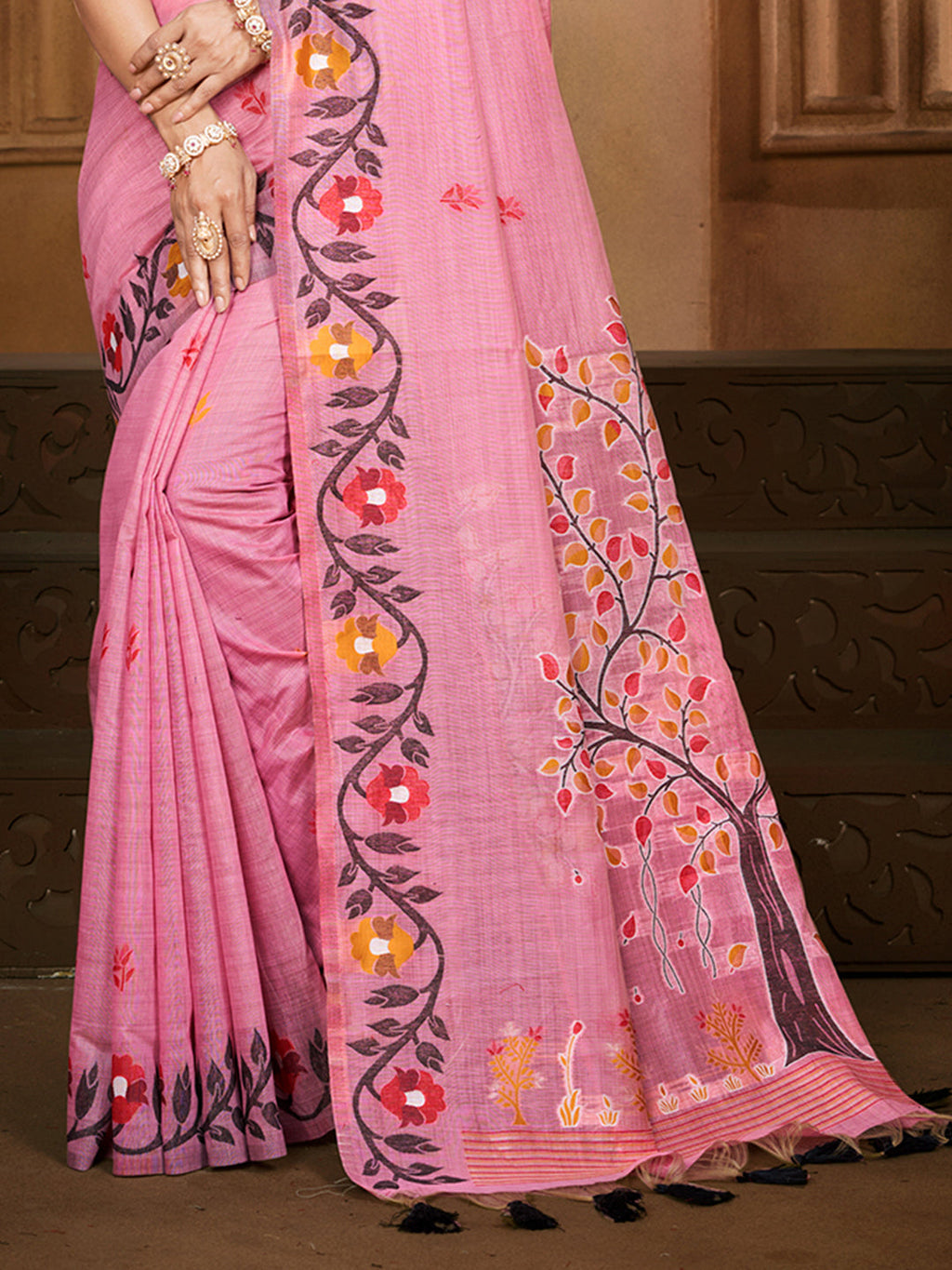 Sangam Prints Light Pink Cotton Silk With Meena Woven Work Traditional Saree | Grocsy