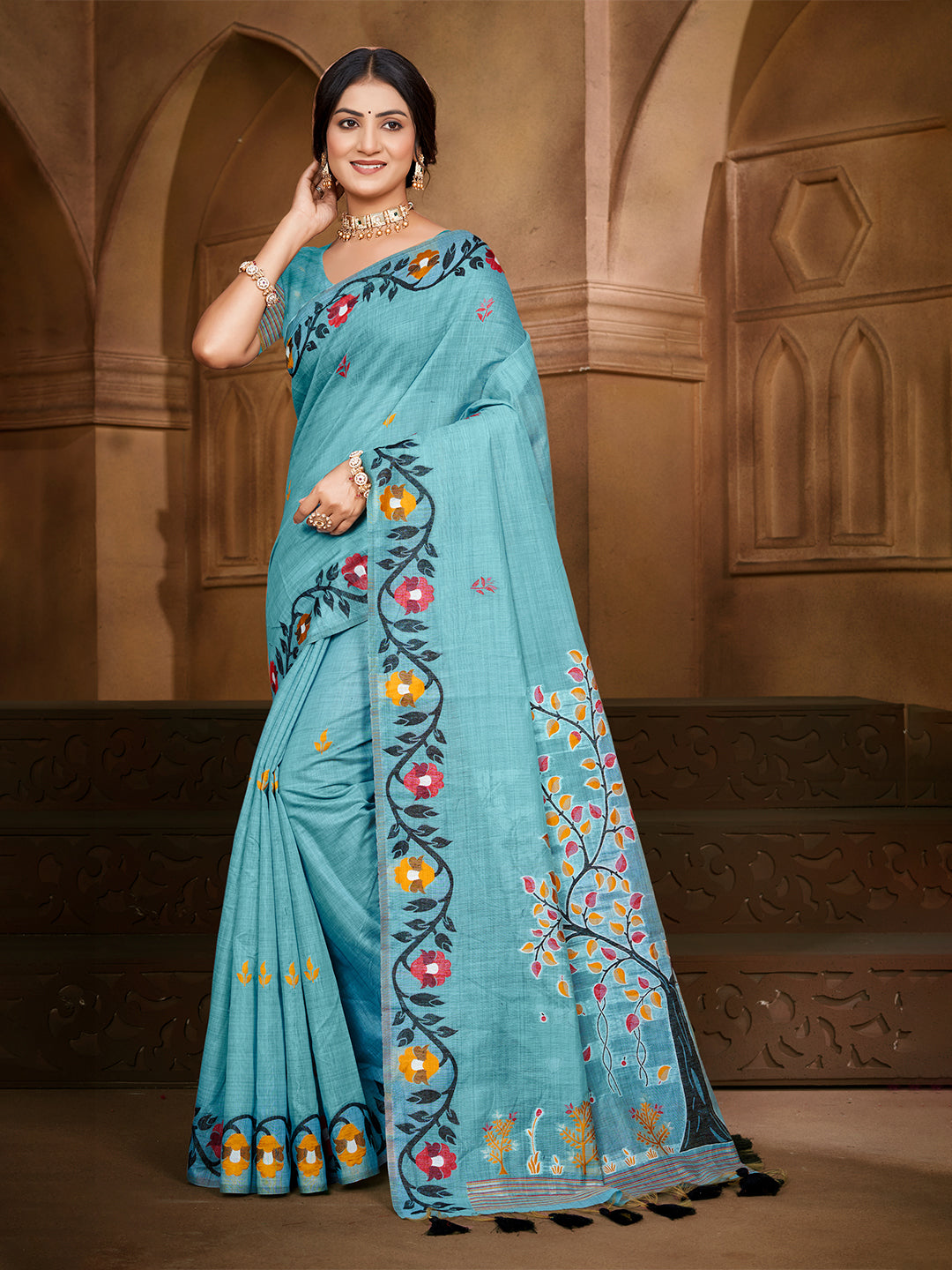 Sangam Prints Sky Blue Cotton Silk With Meena Woven Work Traditional Saree | Grocsy