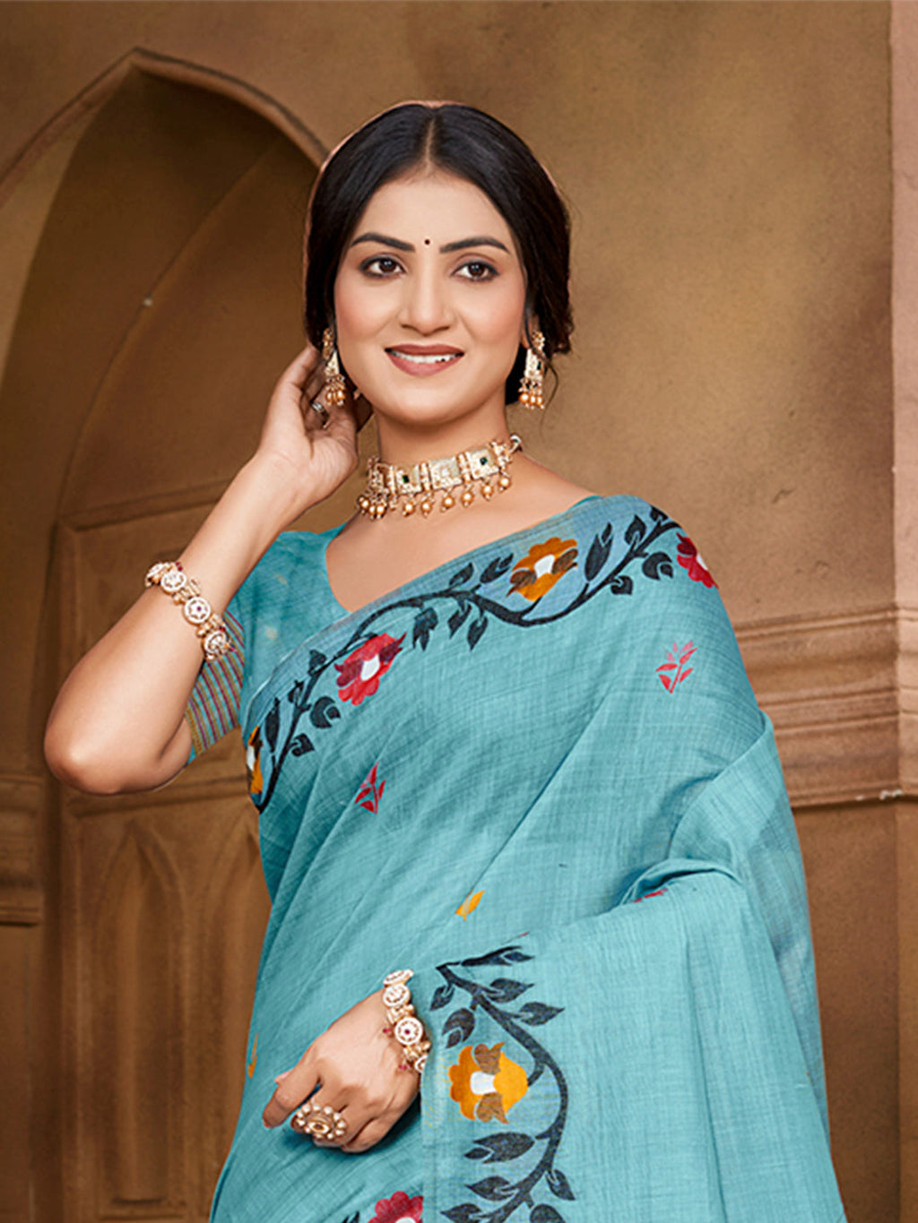 Sangam Prints Sky Blue Cotton Silk With Meena Woven Work Traditional Saree | Grocsy
