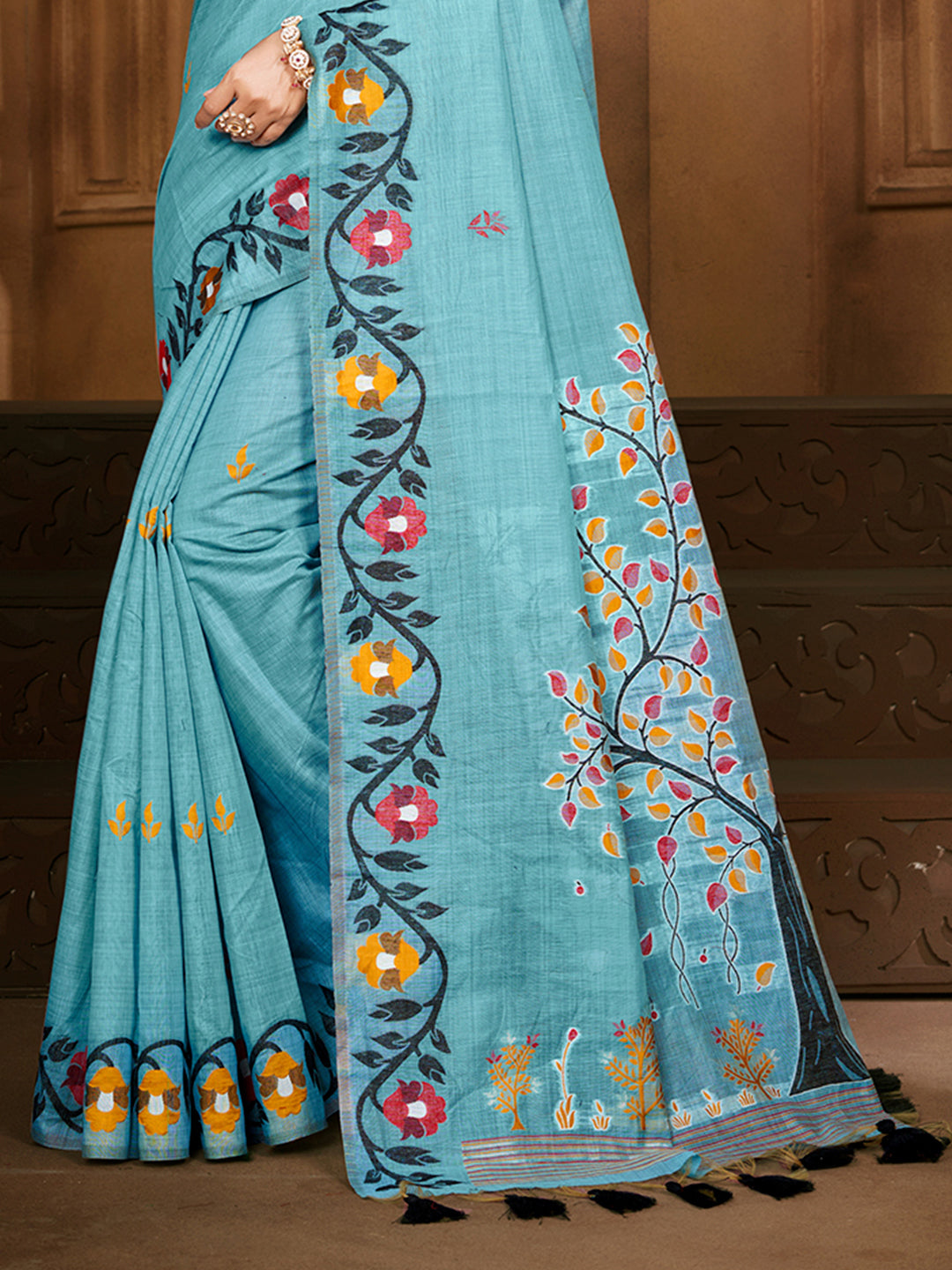 Sangam Prints Sky Blue Cotton Silk With Meena Woven Work Traditional Saree | Grocsy