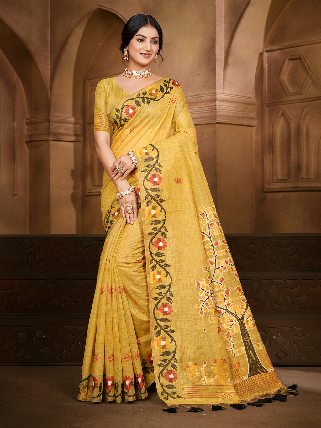 Sangam Prints Yellow Cotton Silk With Meena Woven Work Traditional Saree | Grocsy