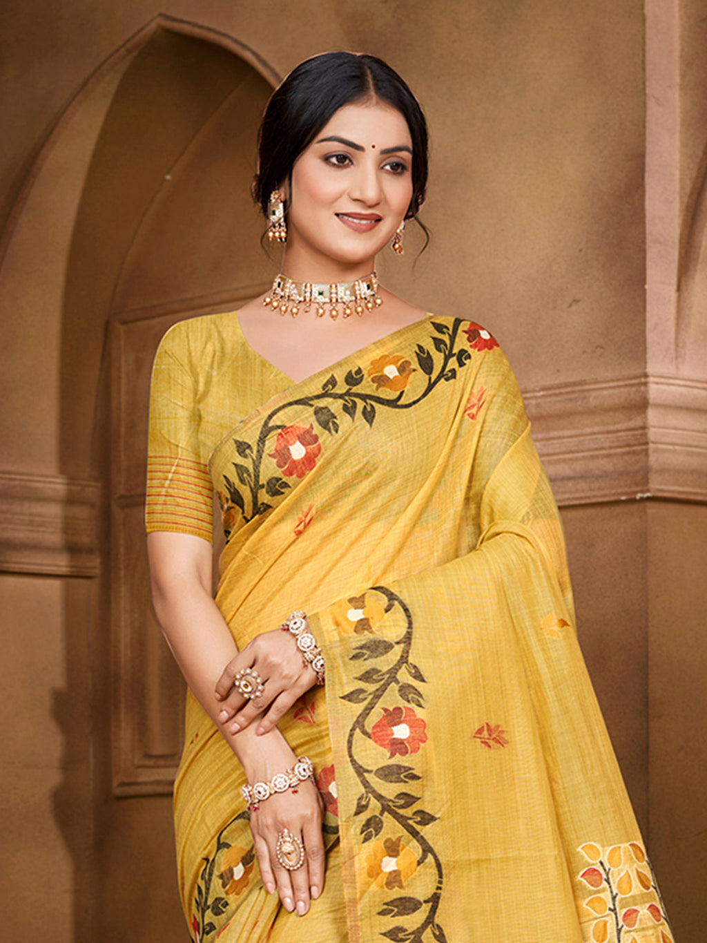 Sangam Prints Yellow Cotton Silk With Meena Woven Work Traditional Saree | Grocsy