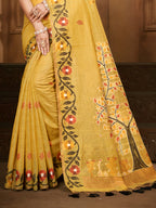 Sangam Prints Yellow Cotton Silk With Meena Woven Work Traditional Saree | Grocsy