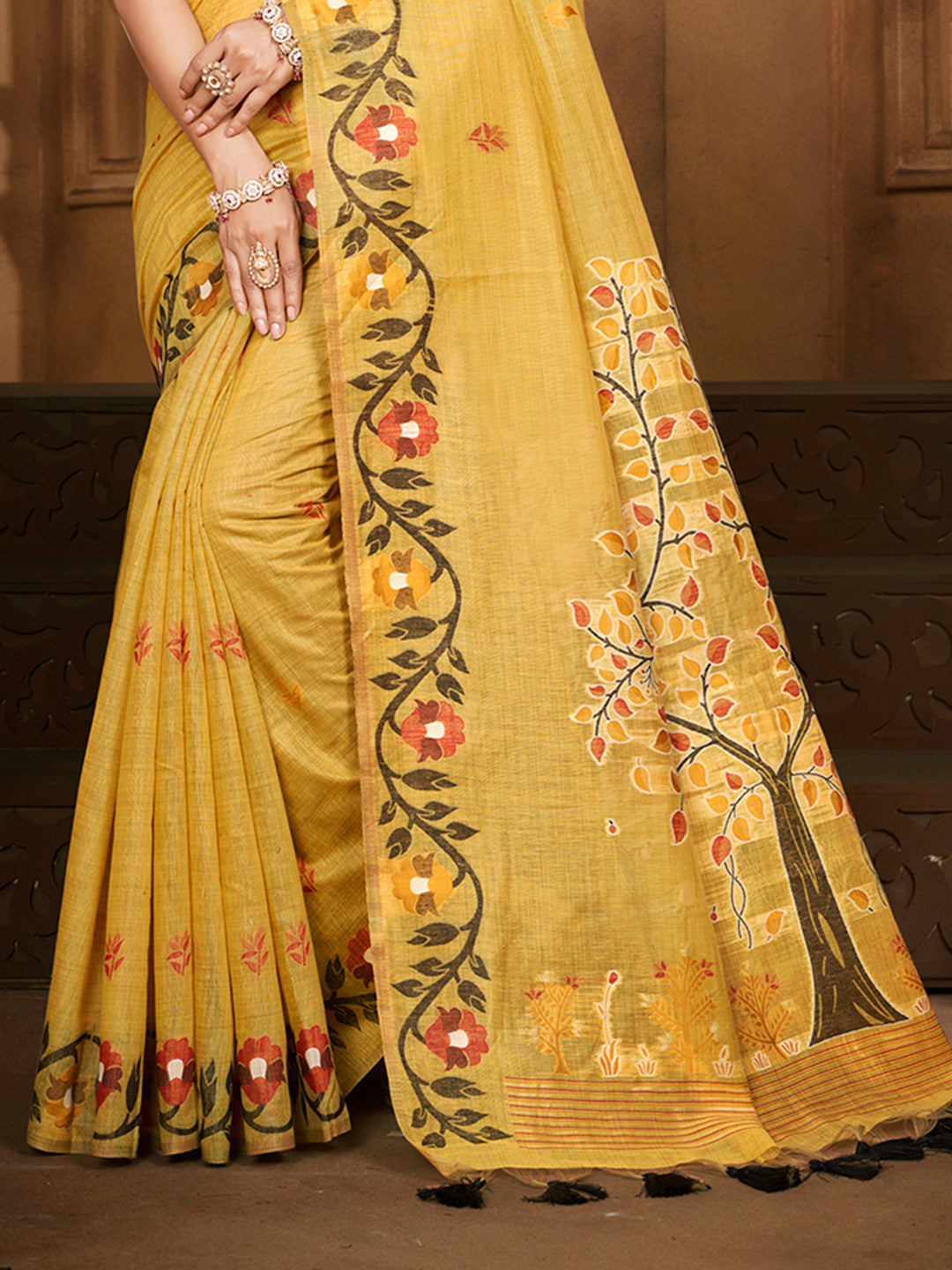 Sangam Prints Yellow Cotton Silk With Meena Woven Work Traditional Saree | Grocsy