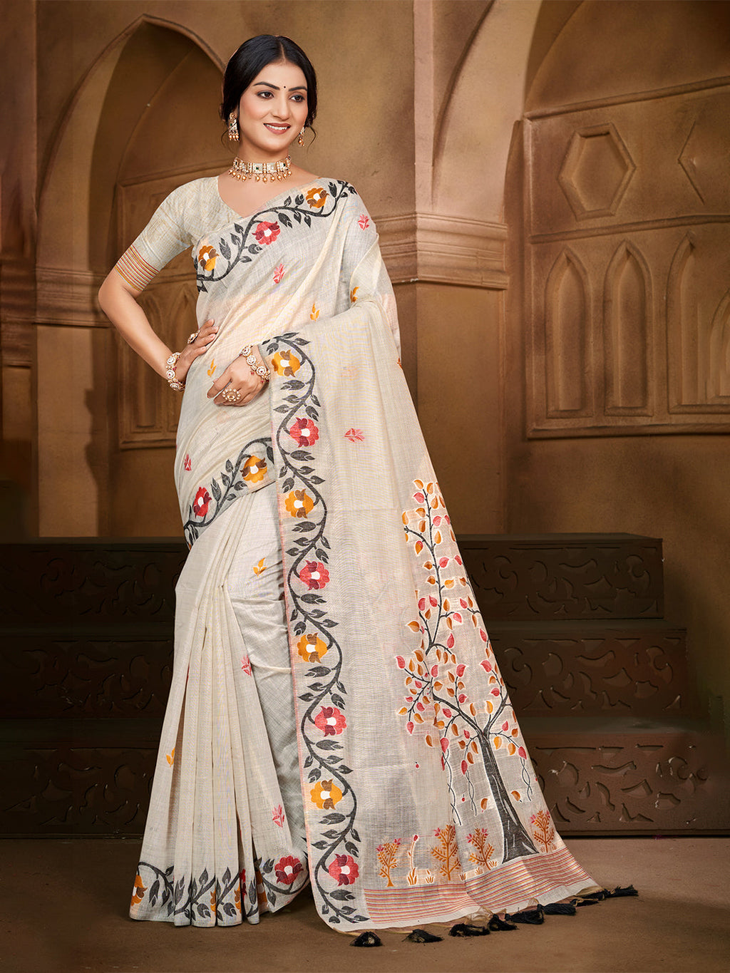 Sangam Prints Off-White Cotton Silk With Meena Woven Work Traditional Saree | Grocsy