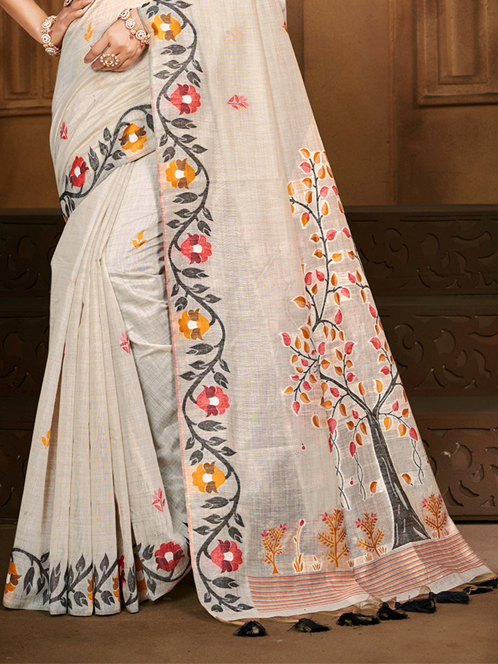 Sangam Prints Off-White Cotton Silk With Meena Woven Work Traditional Saree | Grocsy