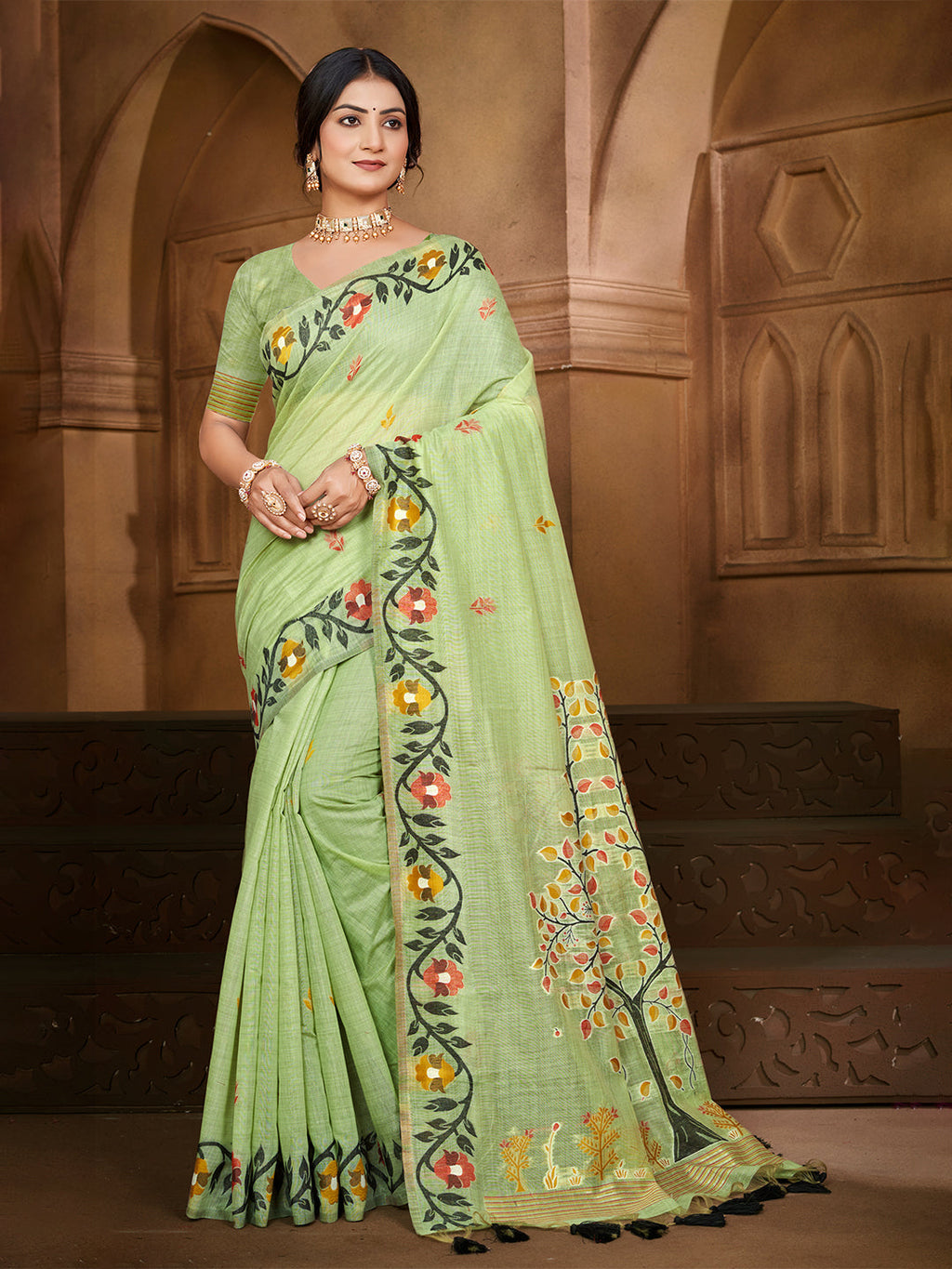 Sangam Prints Green Cotton Silk With Meena Woven Work Traditional Saree | Grocsy