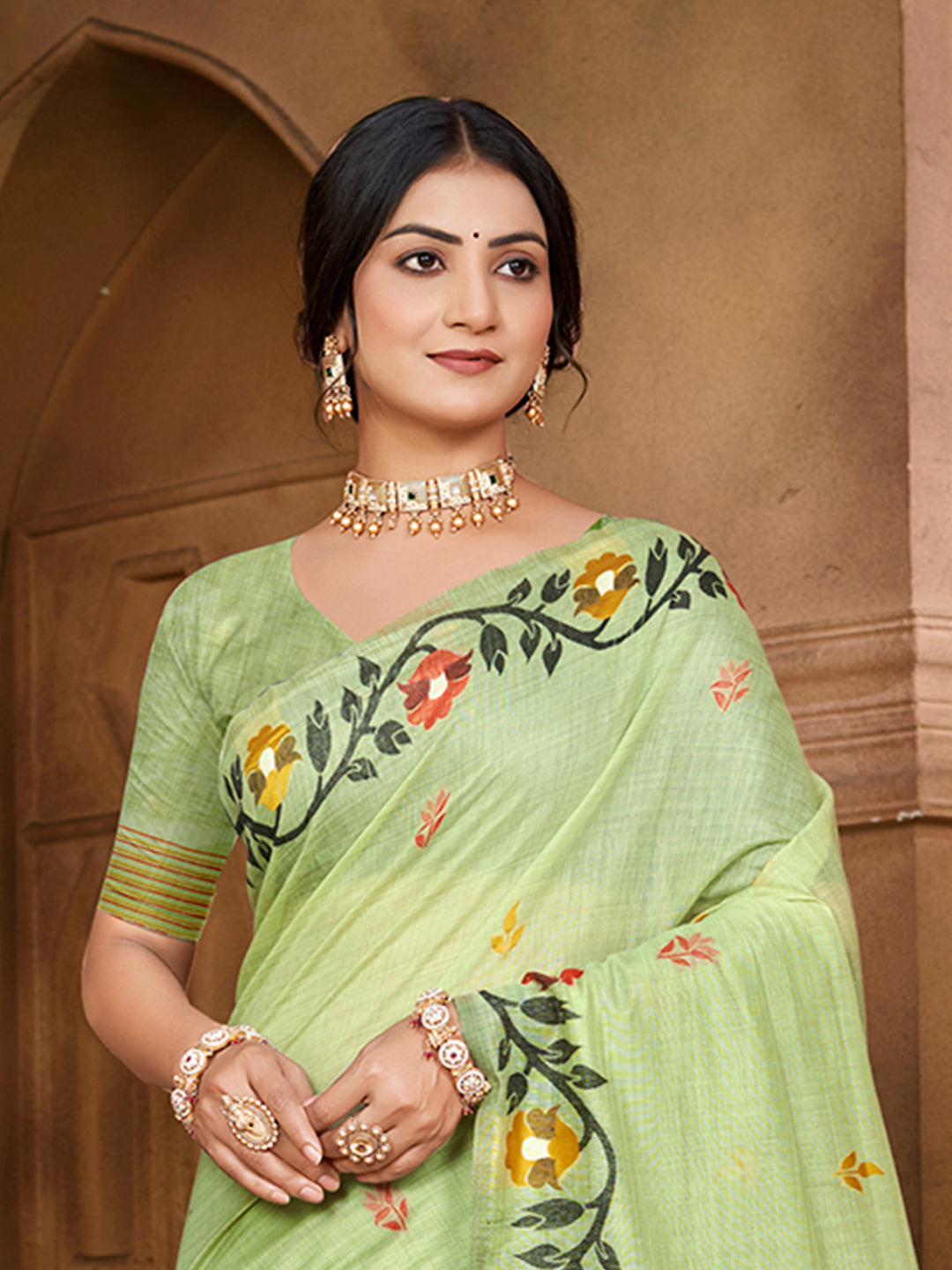 Sangam Prints Green Cotton Silk With Meena Woven Work Traditional Saree | Grocsy