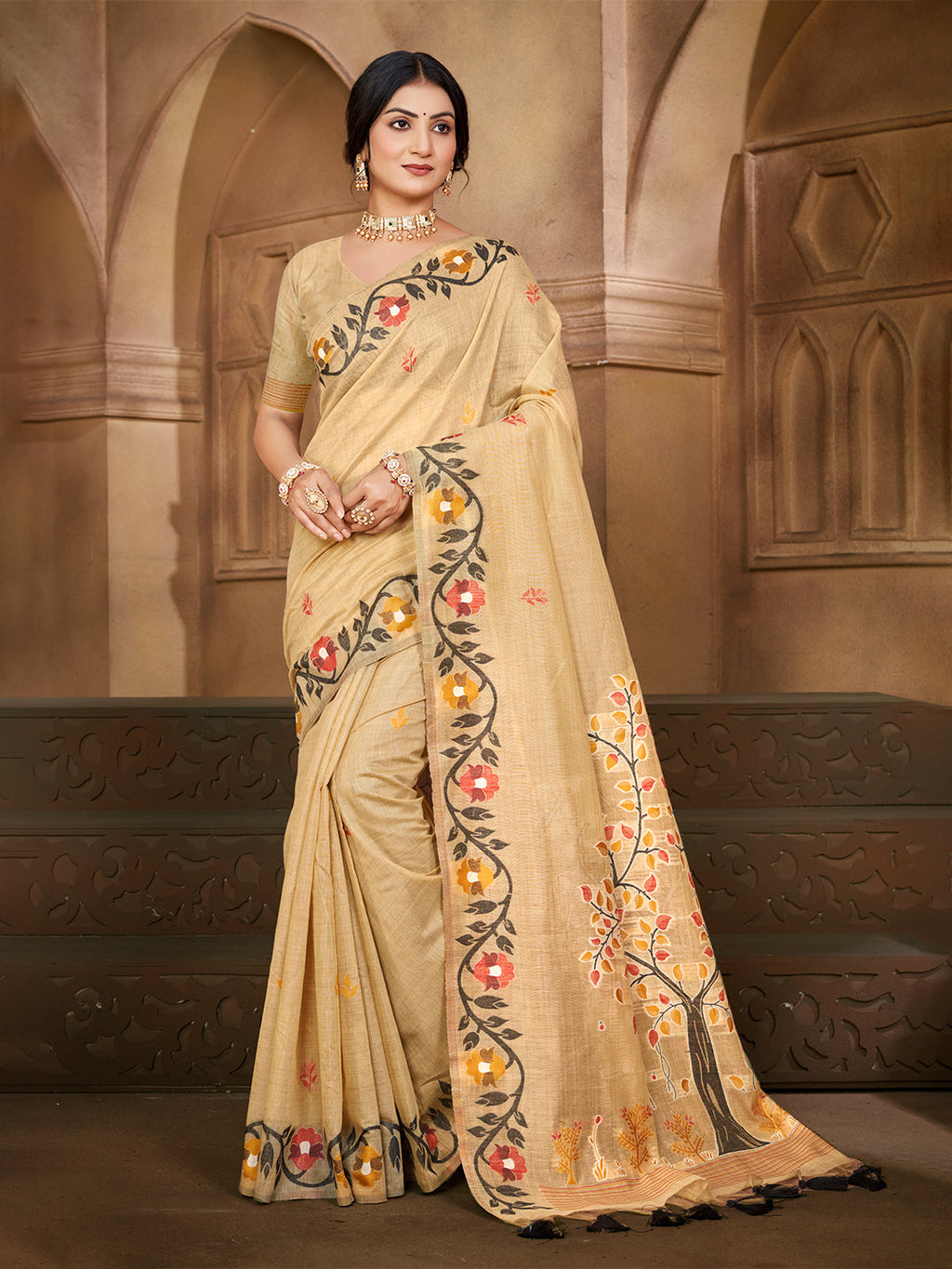 Sangam Prints Beige Cotton Silk With Meena Woven Work Traditional Saree | Grocsy