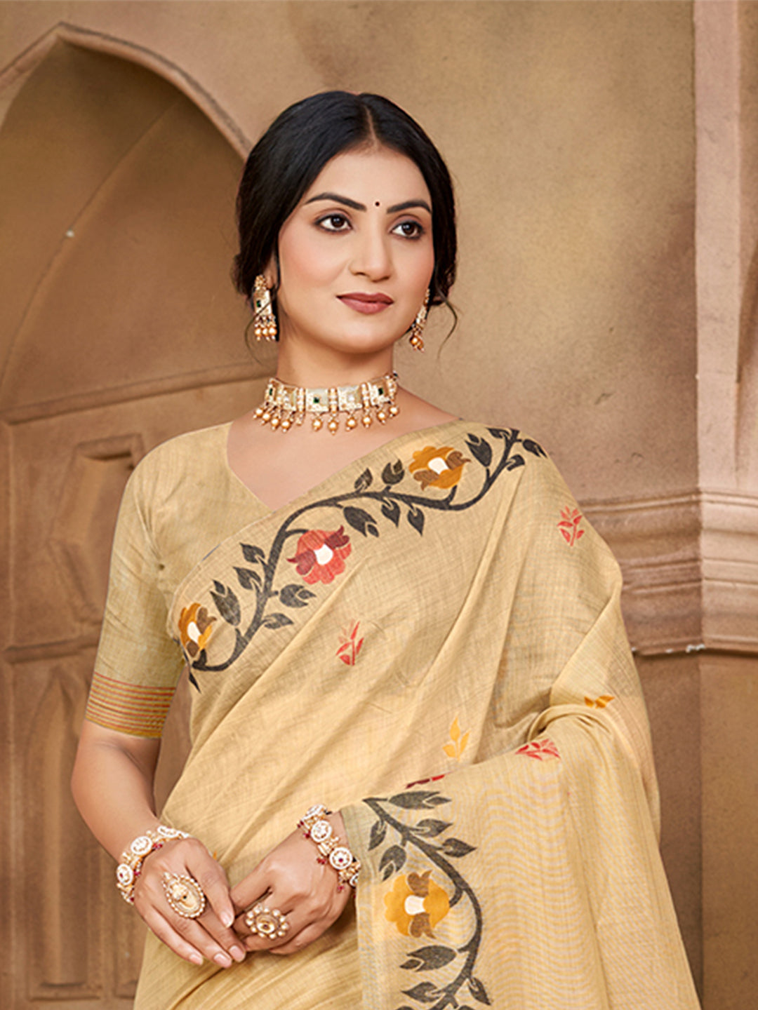 Sangam Prints Beige Cotton Silk With Meena Woven Work Traditional Saree | Grocsy