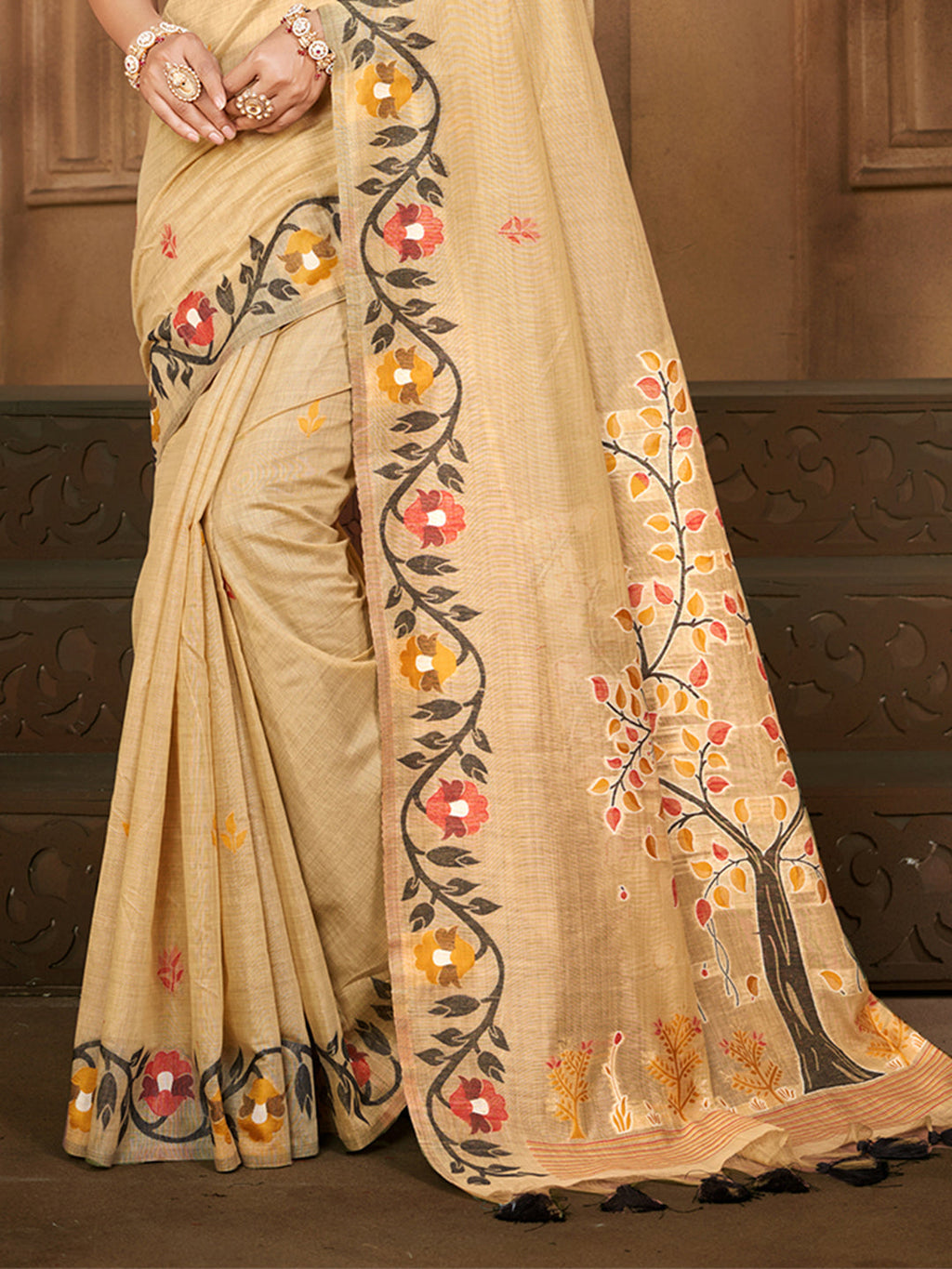 Sangam Prints Beige Cotton Silk With Meena Woven Work Traditional Saree | Grocsy