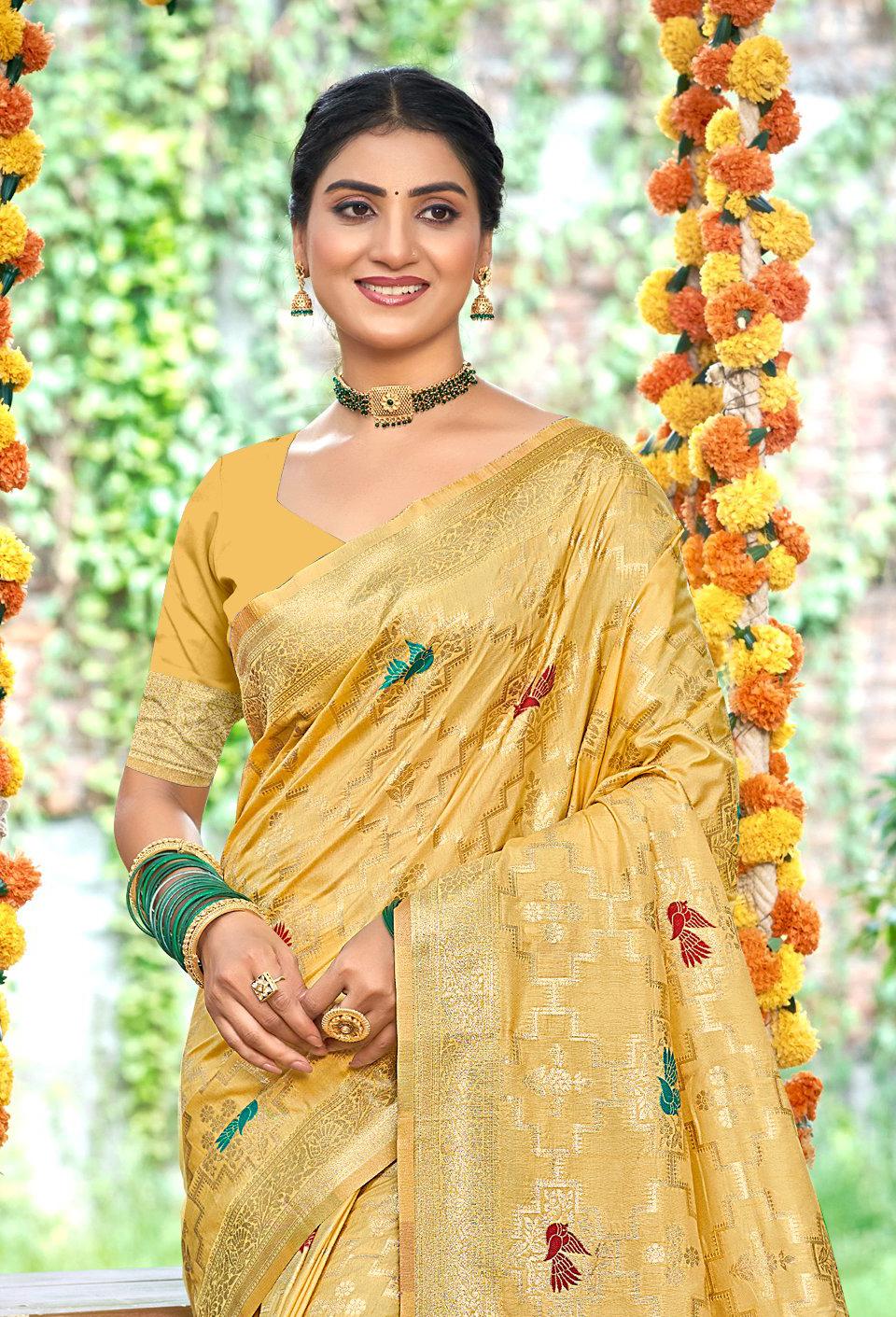 Sangam Prints Mustard Heavy Assam Silk Saree With Meena Woven Work Traditional Saree | Grocsy