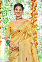 Sangam Prints Mustard Heavy Assam Silk Saree With Meena Woven Work Traditional Saree | Grocsy