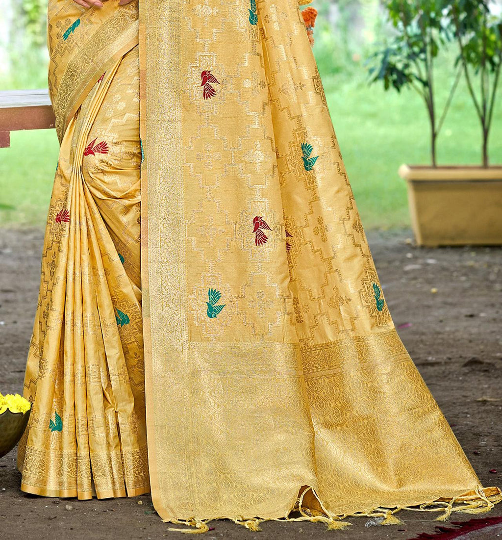 Sangam Prints Mustard Heavy Assam Silk Saree With Meena Woven Work Traditional Saree | Grocsy