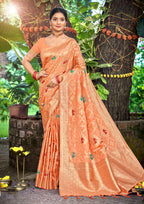 Sangam Prints Orange Heavy Assam Silk Saree With Meena Woven Work Traditional Saree | Grocsy