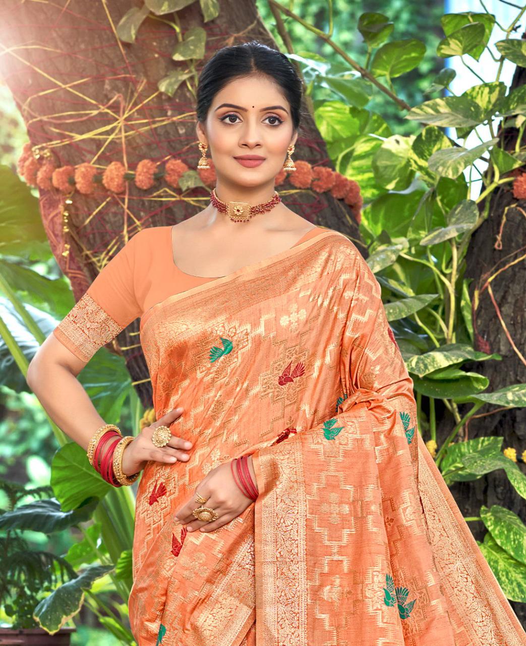 Sangam Prints Orange Heavy Assam Silk Saree With Meena Woven Work Traditional Saree | Grocsy