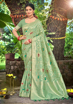 Sangam Prints Sea Green Heavy Assam Silk Saree With Meena Woven Work Traditional Saree | Grocsy