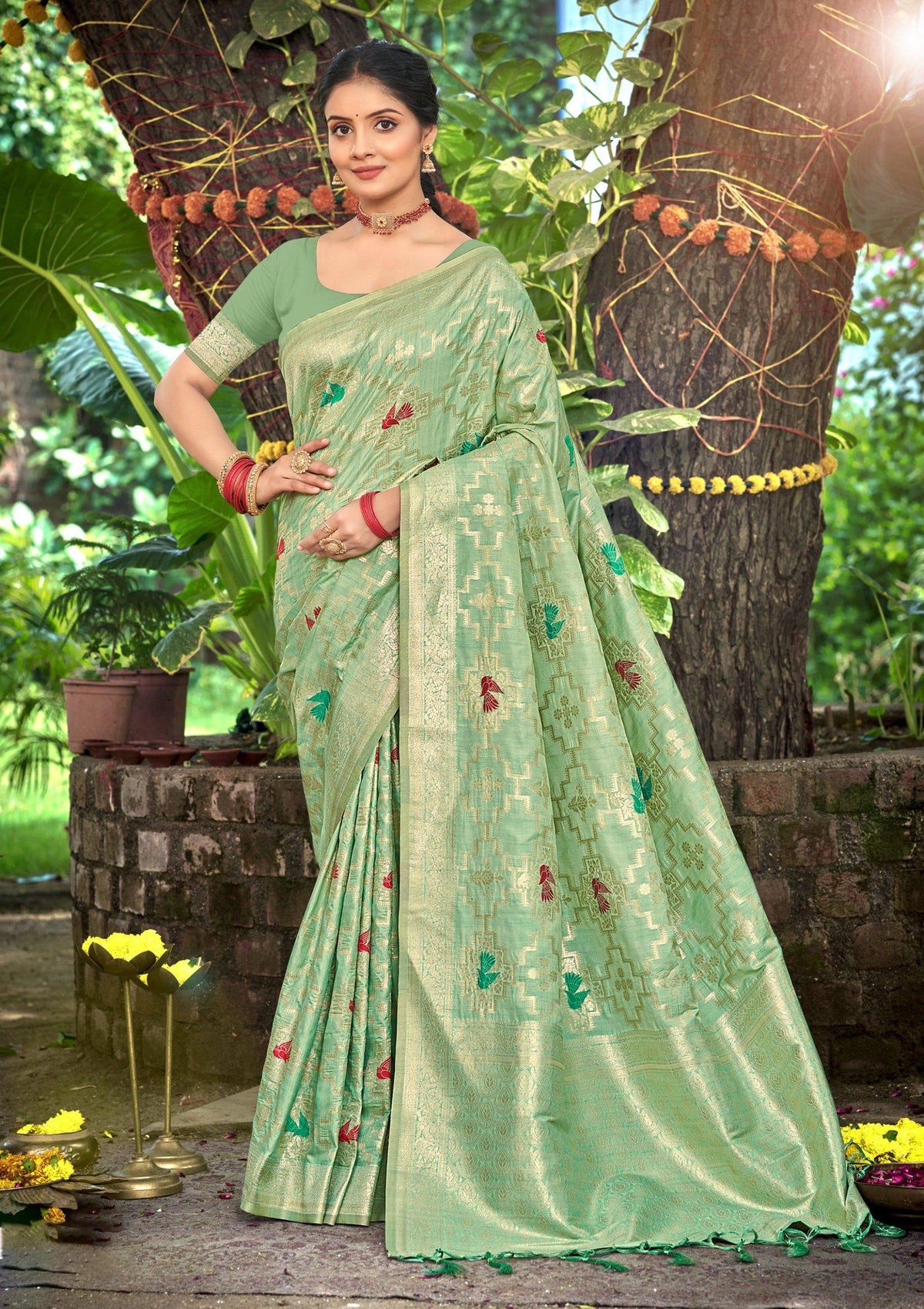 Sangam Prints Sea Green Heavy Assam Silk Saree With Meena Woven Work Traditional Saree | Grocsy