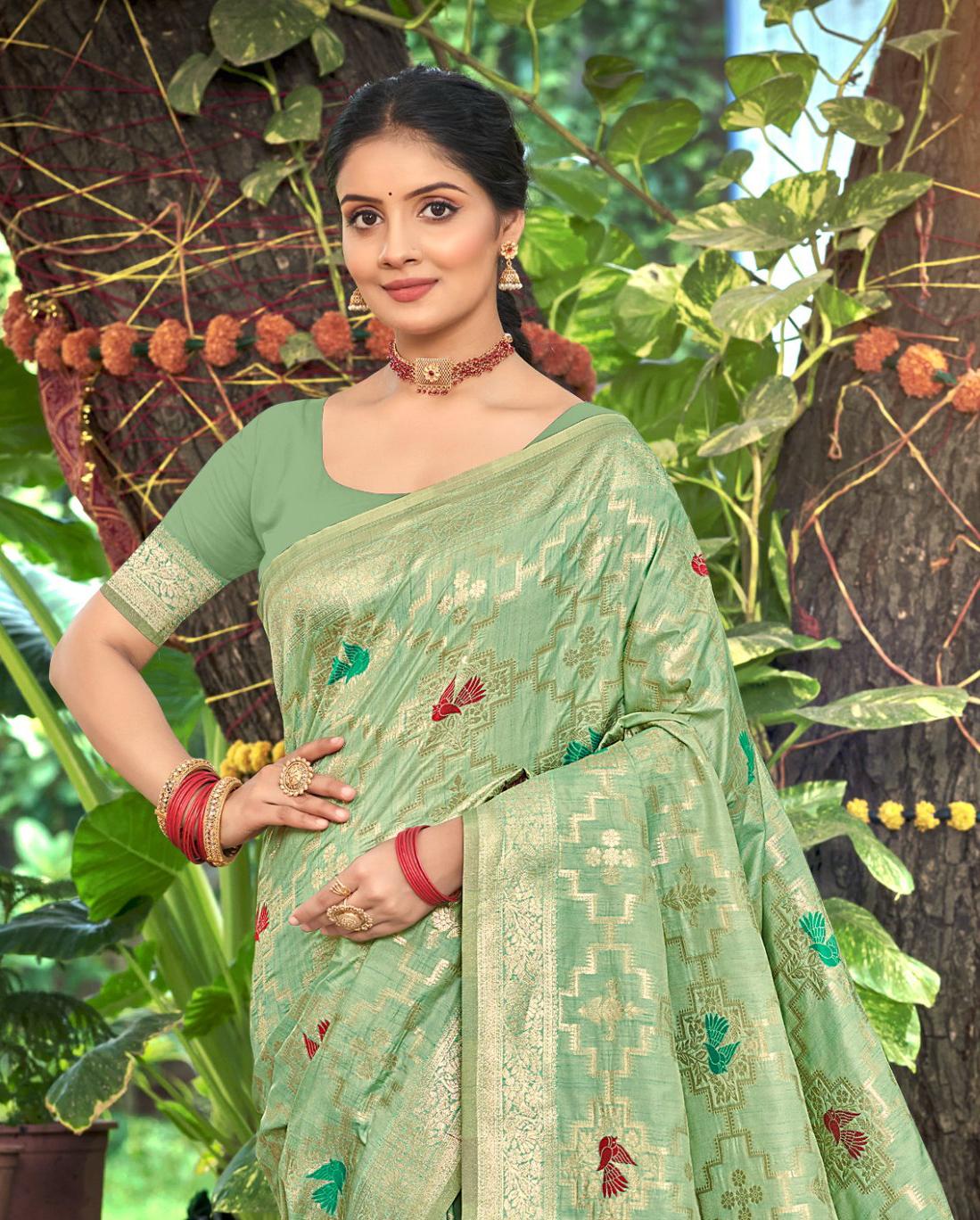 Sangam Prints Sea Green Heavy Assam Silk Saree With Meena Woven Work Traditional Saree | Grocsy