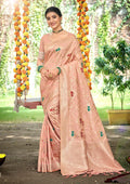 Sangam Prints Peach Heavy Assam Silk Saree With Meena Woven Work Traditional Saree | Grocsy