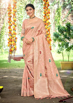 Sangam Prints Peach Heavy Assam Silk Saree With Meena Woven Work Traditional Saree | Grocsy