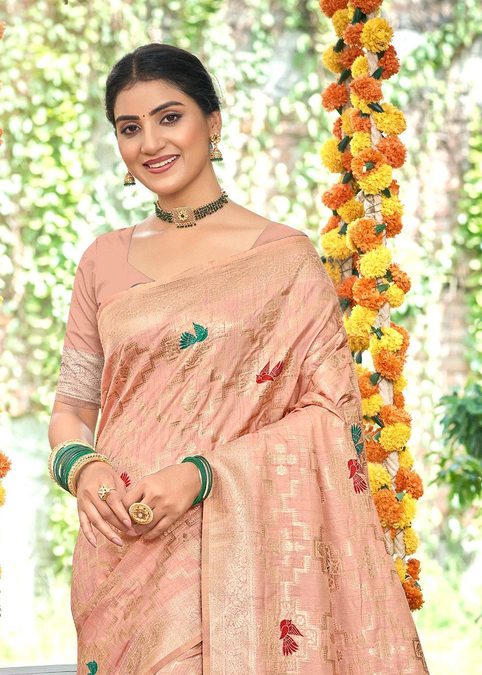 Sangam Prints Peach Heavy Assam Silk Saree With Meena Woven Work Traditional Saree | Grocsy