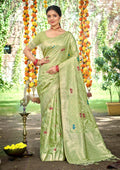 Sangam Prints Lite Green Heavy Assam Silk Saree With Meena Woven Work Traditional Saree | Grocsy