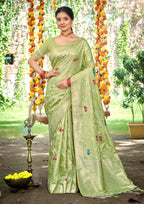 Sangam Prints Lite Green Heavy Assam Silk Saree With Meena Woven Work Traditional Saree | Grocsy