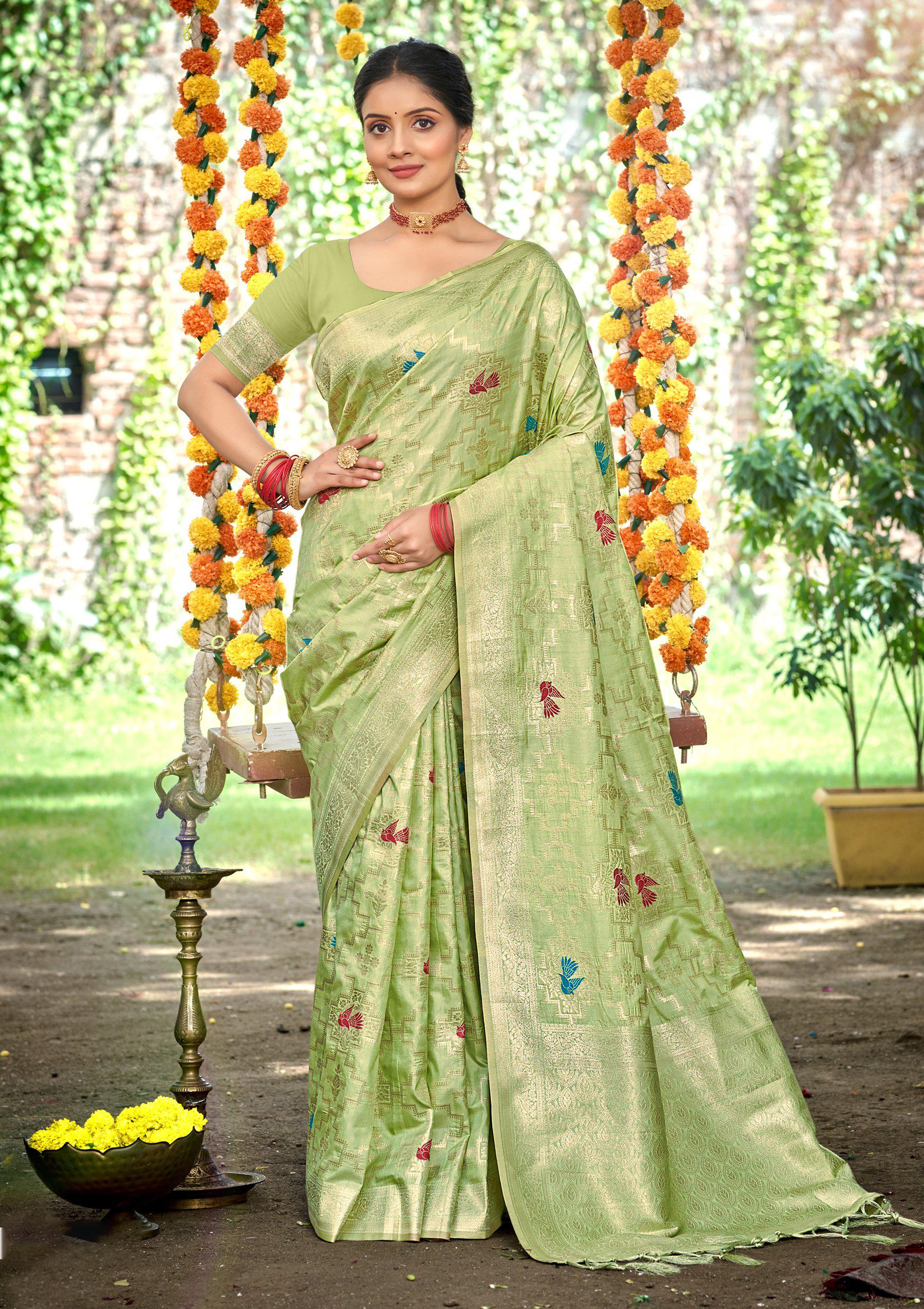 Sangam Prints Lite Green Heavy Assam Silk Saree With Meena Woven Work Traditional Saree | Grocsy