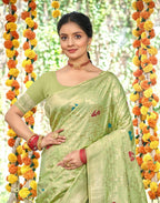 Sangam Prints Lite Green Heavy Assam Silk Saree With Meena Woven Work Traditional Saree | Grocsy