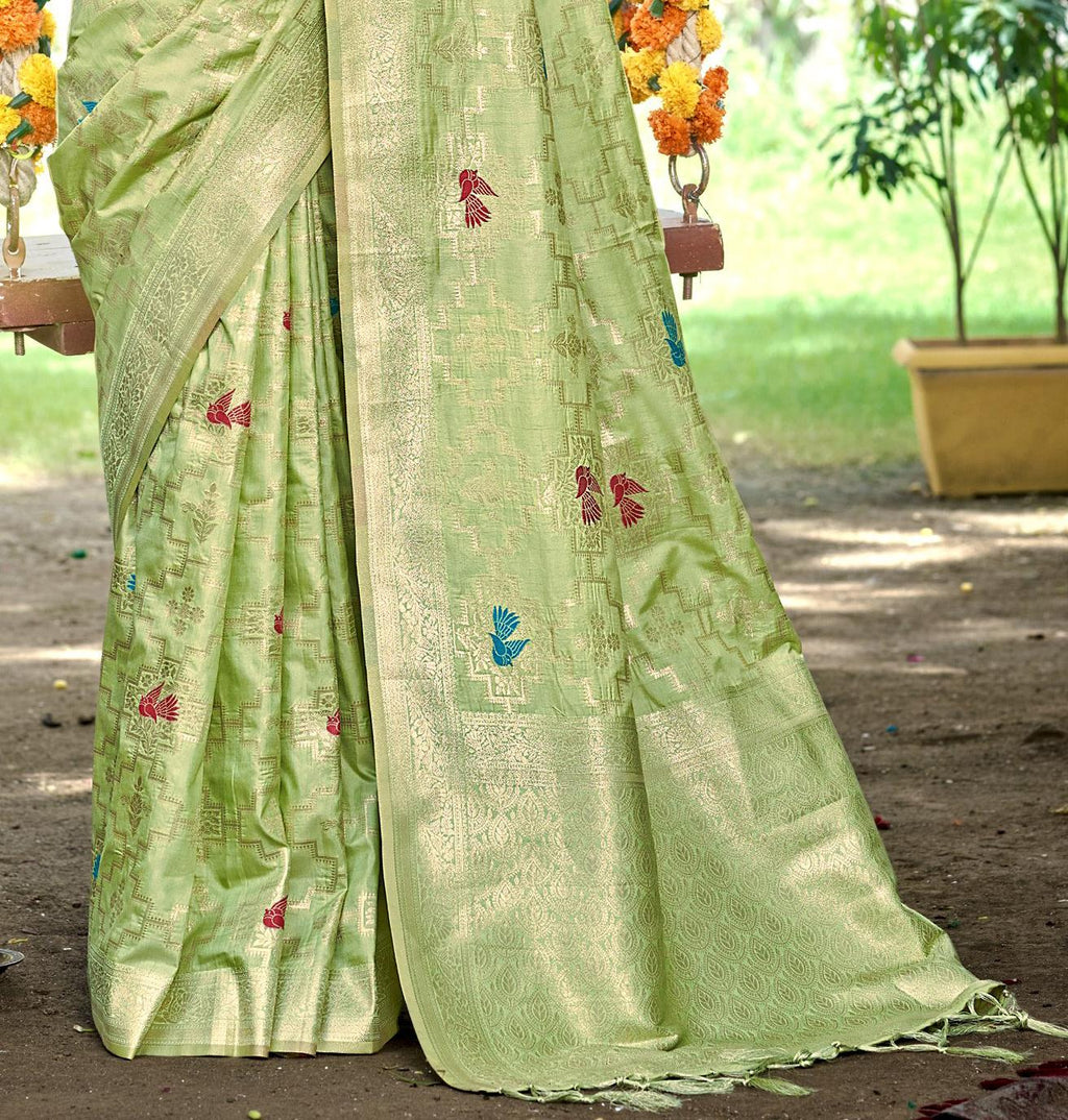 Sangam Prints Lite Green Heavy Assam Silk Saree With Meena Woven Work Traditional Saree | Grocsy