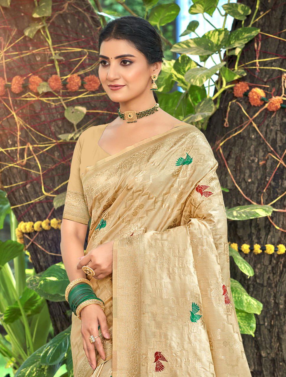 Sangam Prints Chiku Havy Assam Silk Saree With Meena Woven Work Traditional Saree | Grocsy