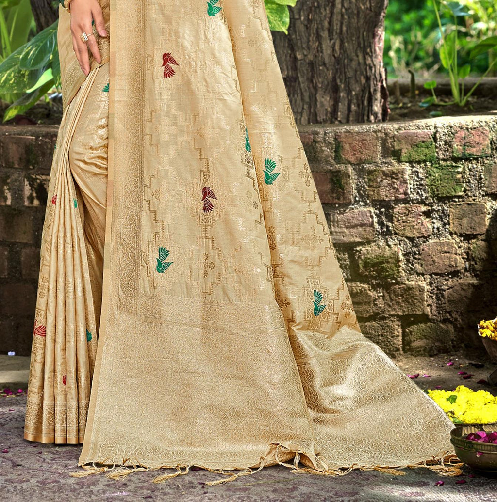 Sangam Prints Chiku Havy Assam Silk Saree With Meena Woven Work Traditional Saree | Grocsy