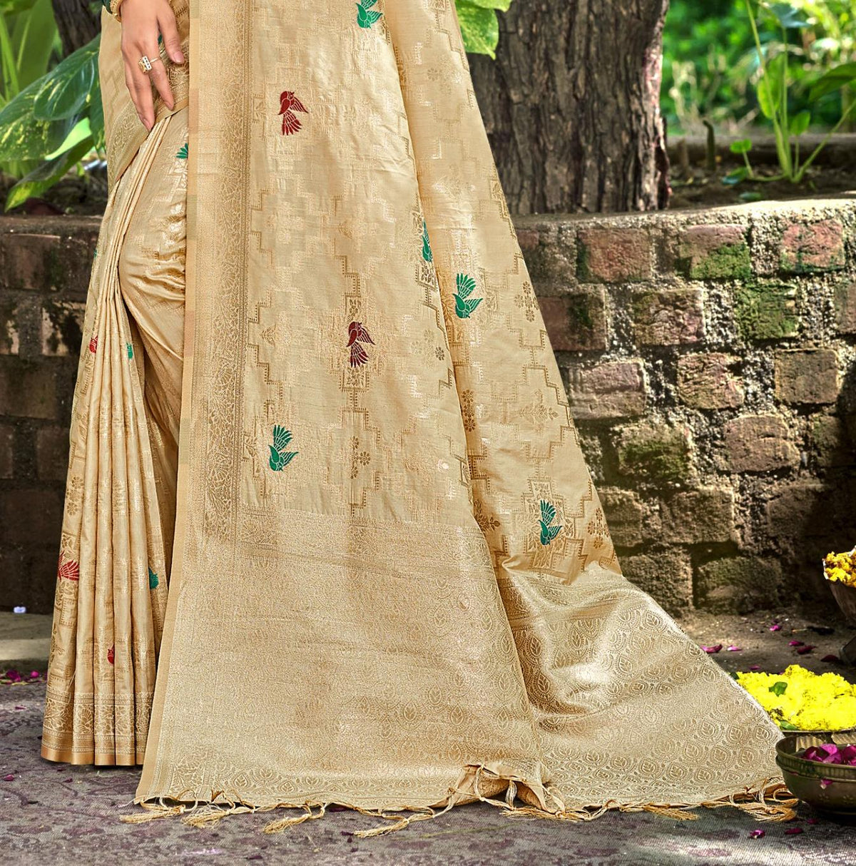 Sangam Prints Chiku Havy Assam Silk Saree With Meena Woven Work Traditional Saree | Grocsy