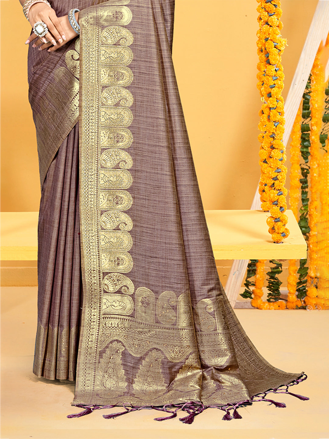 Sangam Prints Brown  Assam Silk Woven Work Traditional Saree | Grocsy