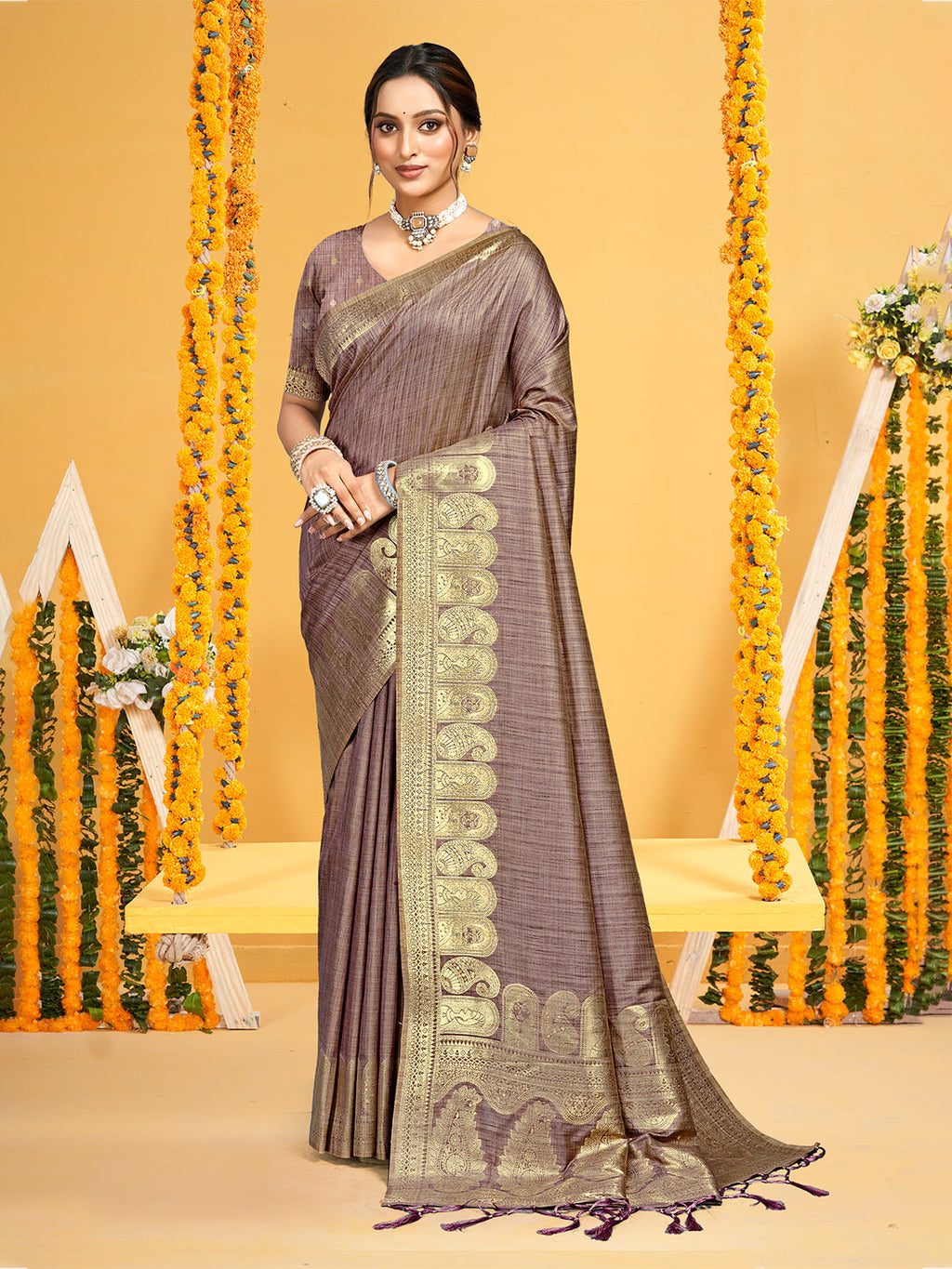 Sangam Prints Brown  Assam Silk Woven Work Traditional Saree | Grocsy