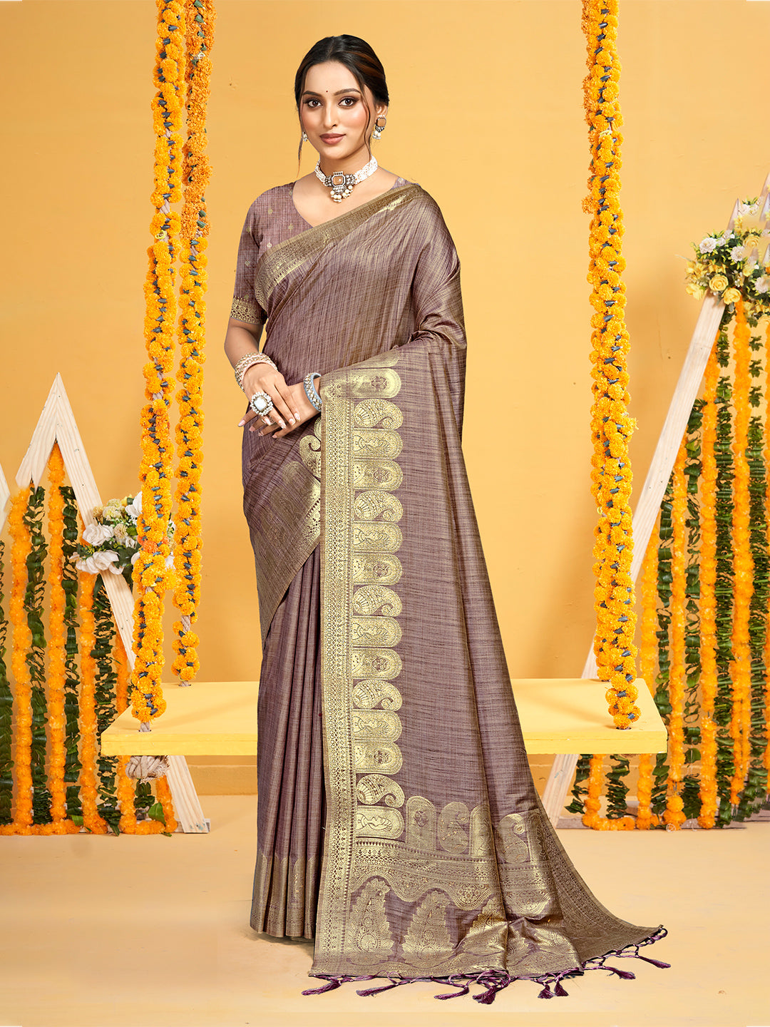 Sangam Prints Brown  Assam Silk Woven Work Traditional Saree | Grocsy