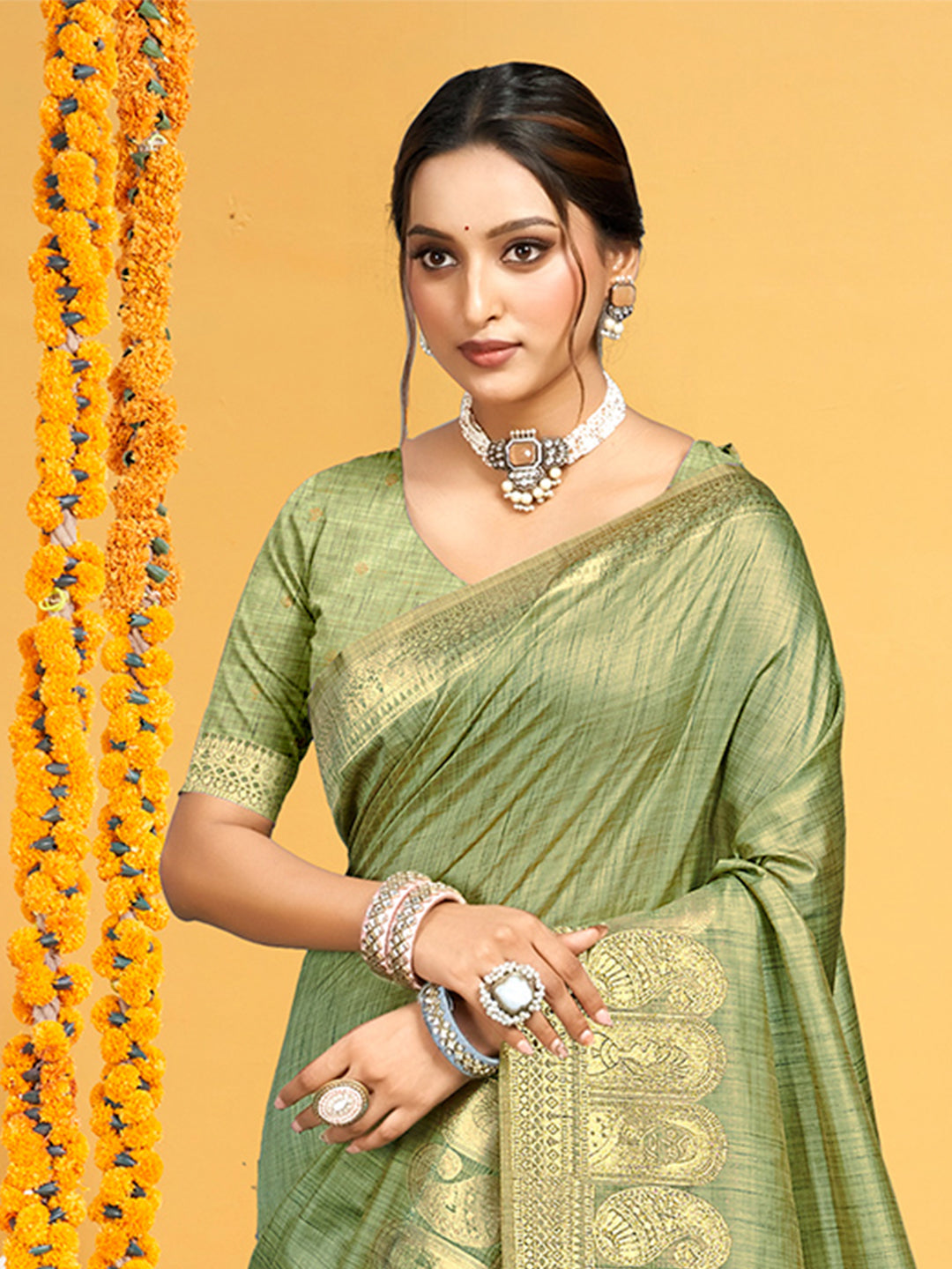 Sangam Prints Light Green Assam Silk Woven Work Traditional Saree | Grocsy