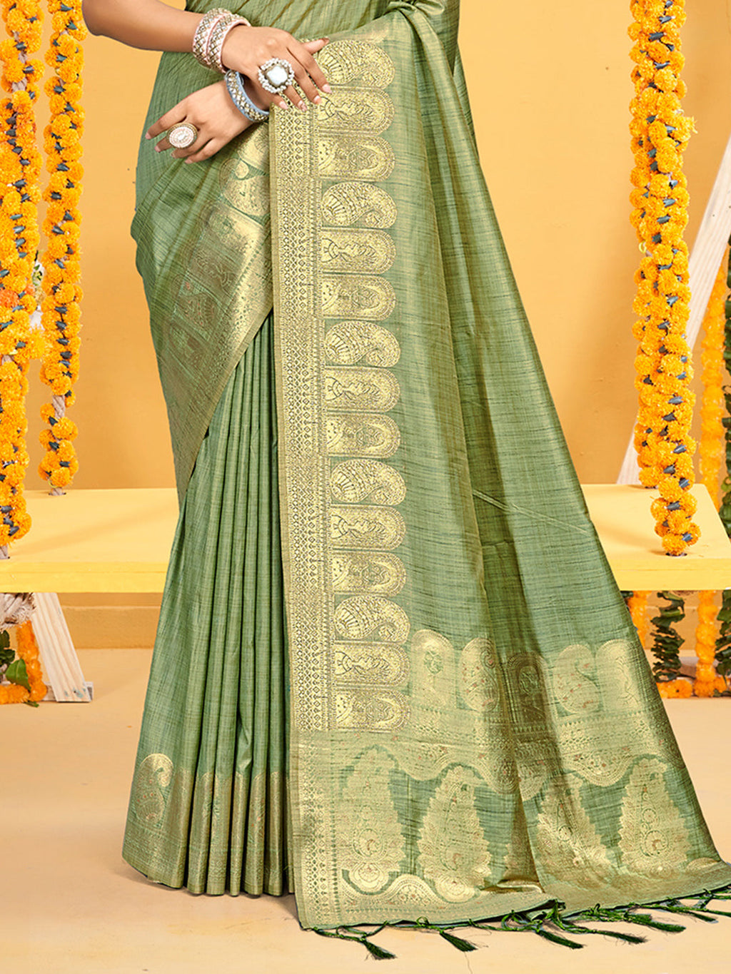 Sangam Prints Light Green Assam Silk Woven Work Traditional Saree | Grocsy