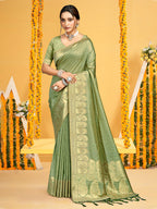 Sangam Prints Light Green Assam Silk Woven Work Traditional Saree | Grocsy