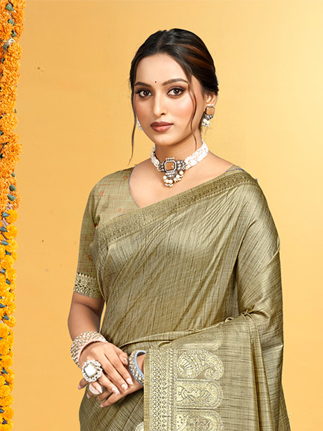 Sangam Prints Beige Assam Silk Woven Work Traditional Saree | Grocsy